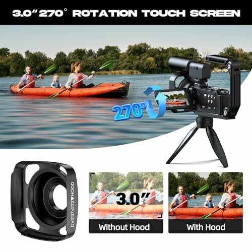 Camcorder with 3.0-inch 270-degree rotation touch screen, family kayaking photo, and lens hood comparison.