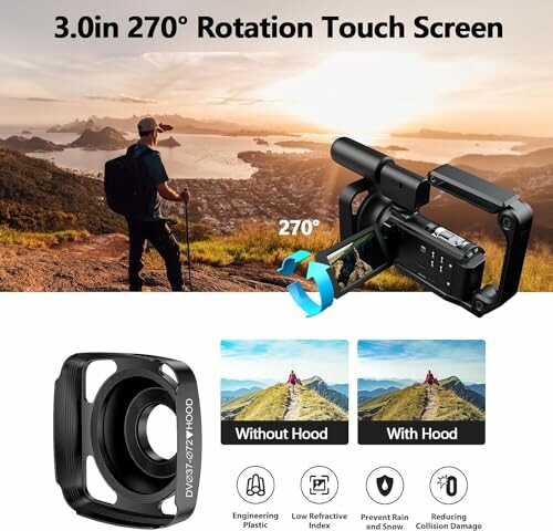 CAMWORLD 5K 56MP Camcorder Video Camera with 3.0-inch 270-degree rotation touch screen and lens hood comparison.