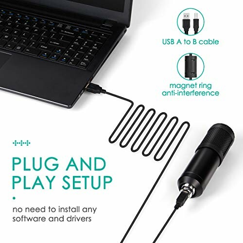 Microphone connected to laptop with USB cable, plug and play setup.