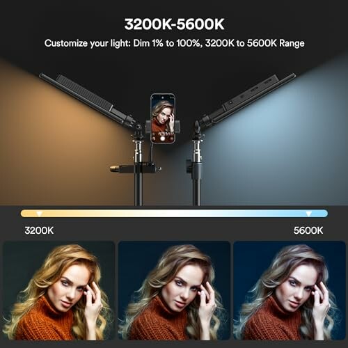 LED lights with adjustable color temperature from 3200K to 5600K, showing different lighting effects on a model.