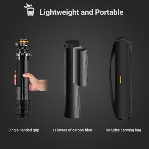 Lightweight and portable tripod with single-handed grip, carbon fiber construction, and carrying bag.