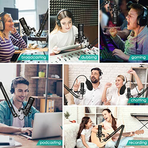 Collage of people using microphones for broadcasting, dubbing, gaming, chatting, podcasting, and recording.