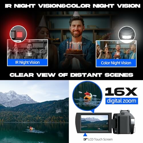 Camera features including IR night vision, color night vision, and 16x digital zoom.