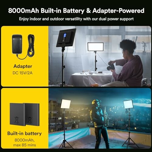 Photography lighting kit with built-in battery and adapter power options.