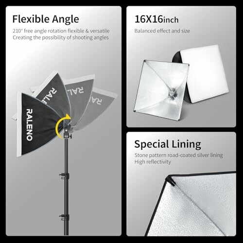 Raleno softbox lighting kit features flexible angle, 16x16 inch size, and special lining.