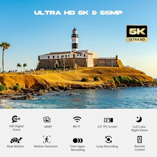 Lighthouse by the sea with camera features listed: 16x digital zoom, 56MP, Wi-Fi, 3.0 IPS screen, full color night vision, slow motion, motion detection, time-lapse recording, loop recording, remote control.