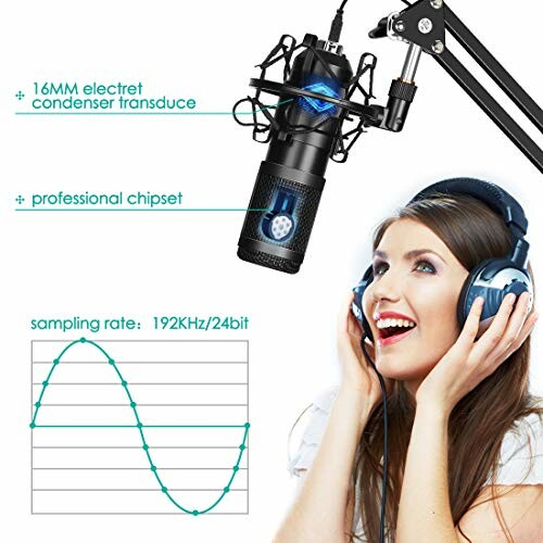 Woman wearing headphones singing into a professional microphone with audio quality specifications.